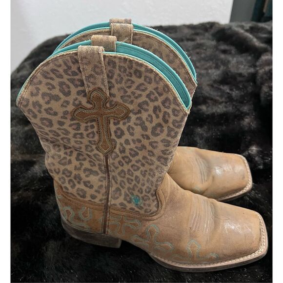 Ariat Crossroads Women Boots Sz 5.5 Brown Leather Cross Leopard Western Boot - Picture 1 of 6